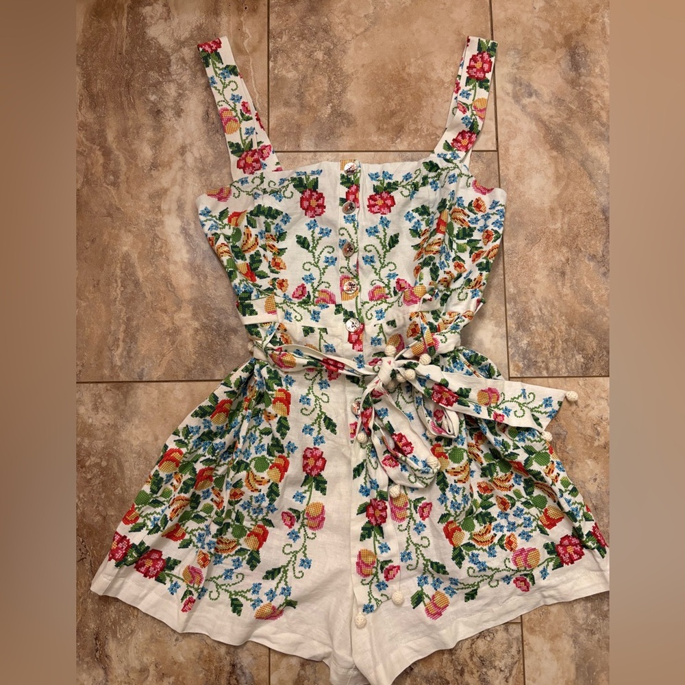 NWOT FARM Rio Tropical Romance Floral-Print Linen-Blend Romper Women’s Medium - Picture 6 of 16